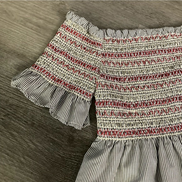 Style Envy striped smocked embroidered off the shoulder crop top - Picture 2 of 9